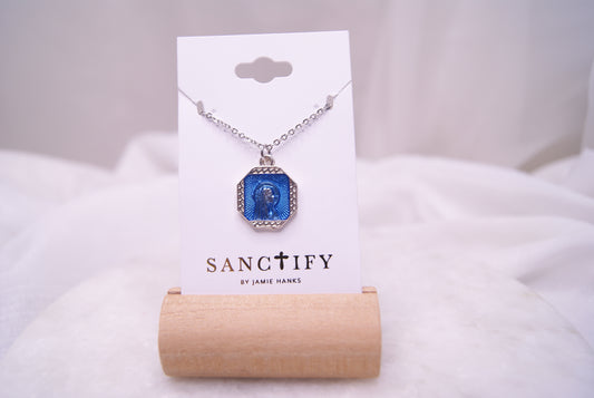 Blue Vintage Blessed Mother Necklace