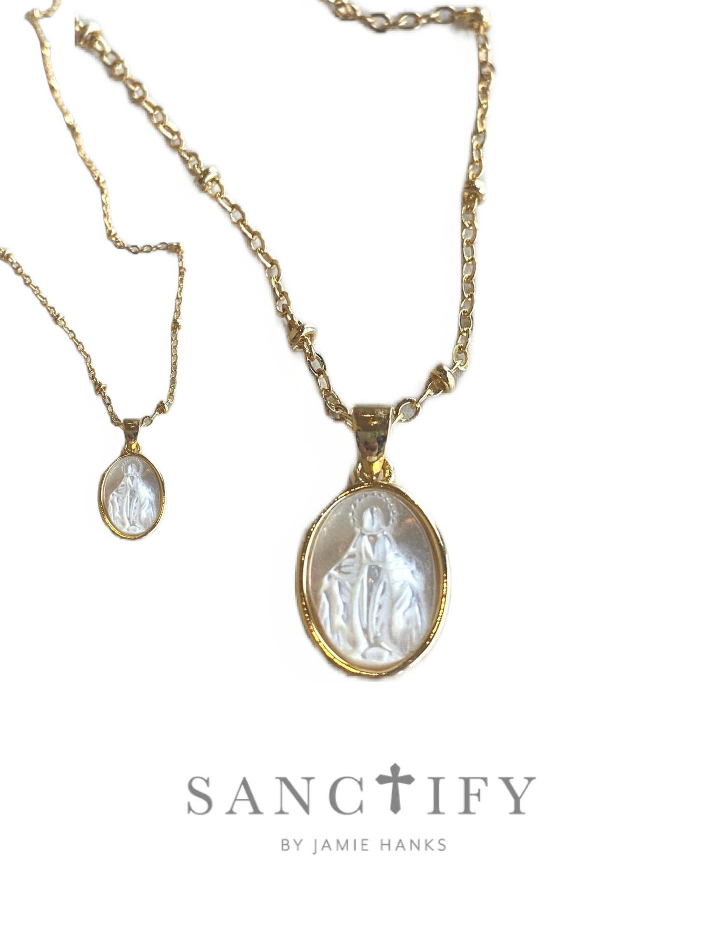 Itty Bitty Mother of Pearl Immaculate Mary Necklace