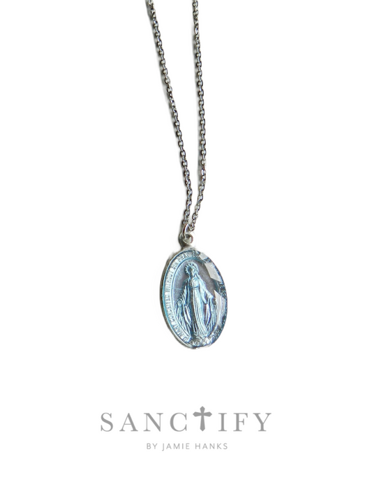 Light Blue Silver Miraculous Mary Necklace